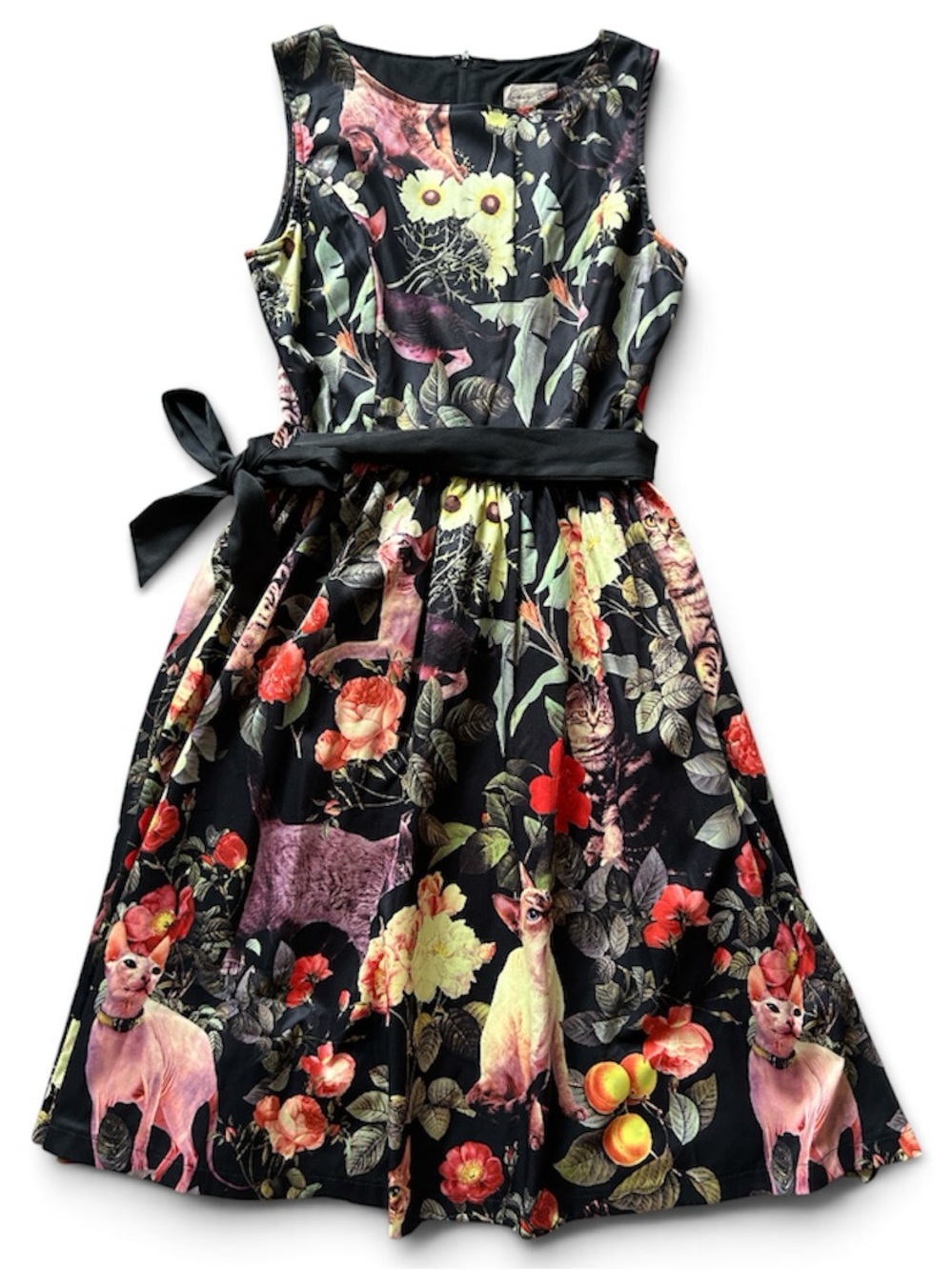 Lindy Bop | Black Floral & Cat Print Sleeveless Retro Swing Dress with Pockets!